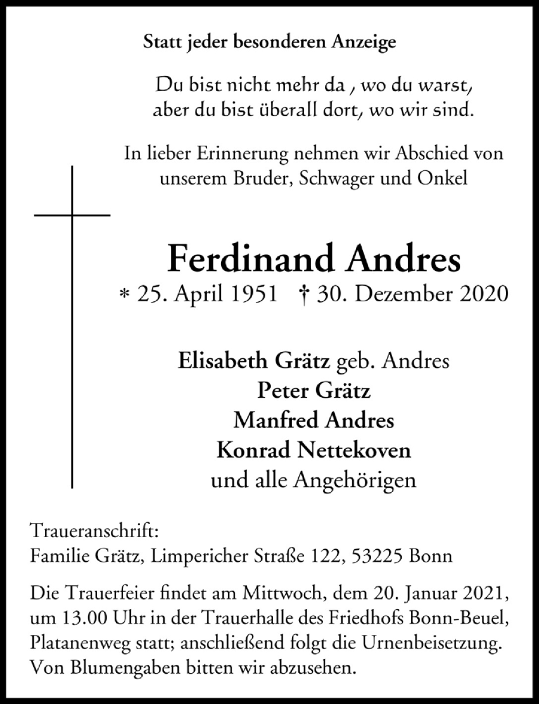  Traueranzeige für Ferdinand Andres vom 15.01.2021 aus  Schaufenster/Blickpunkt 