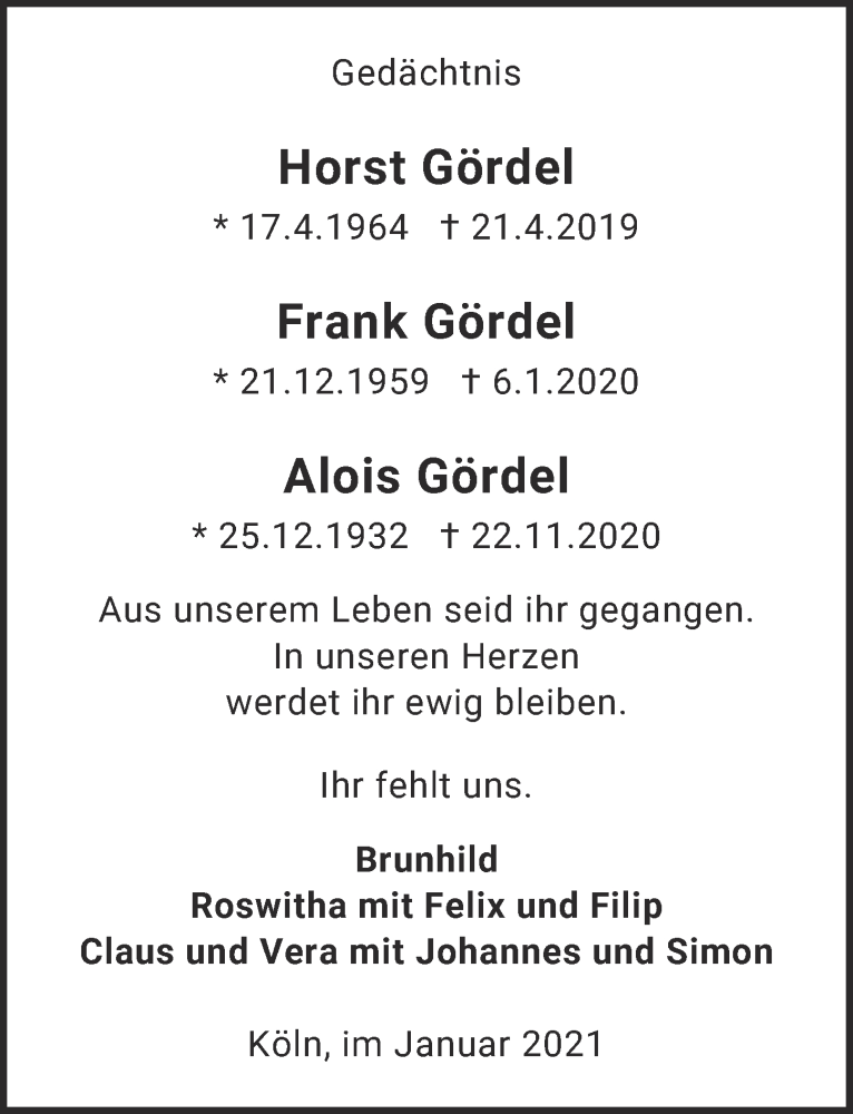  Traueranzeige für Frank Gördel vom 08.01.2021 aus  Kölner Wochenspiegel 