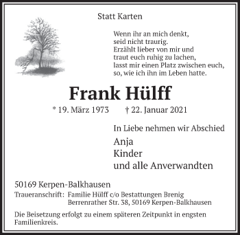 Anzeige von Frank Hülff von  Werbepost 