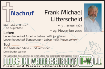 Anzeige von Frank Michael Litterscheid von Kölner Stadt-Anzeiger / Kölnische Rundschau / Express