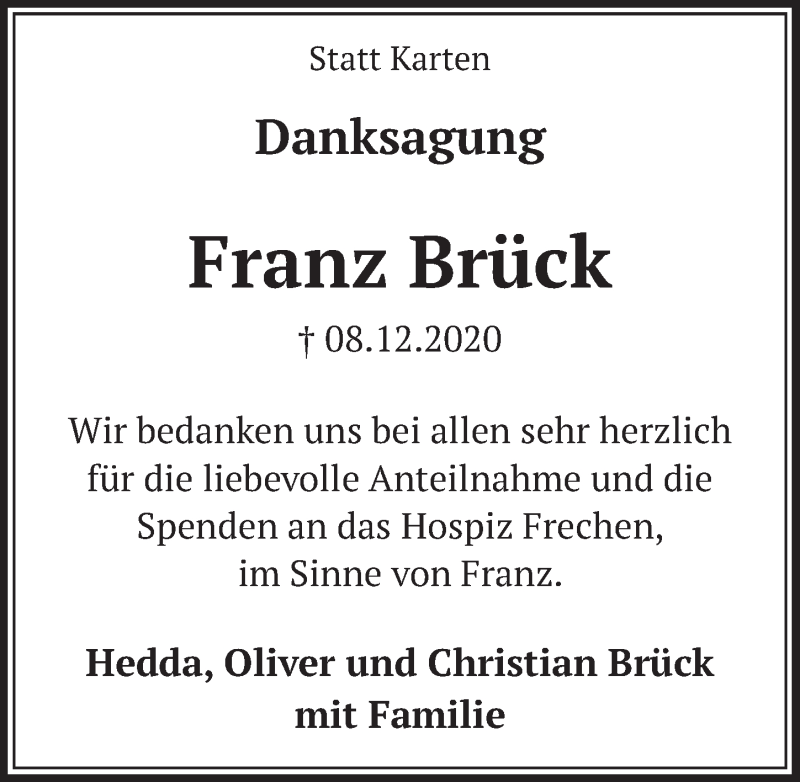  Traueranzeige für Franz Brück vom 29.01.2021 aus  Wochenende 