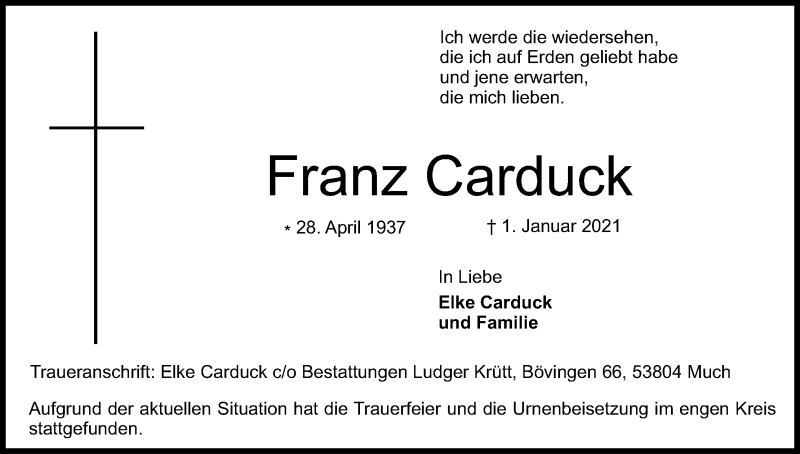 Traueranzeige für Franz Carduck vom 09.01.2021 aus Kölner Stadt-Anzeiger / Kölnische Rundschau / Express