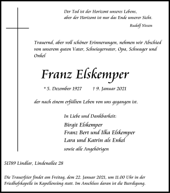 Anzeige von Franz Elskemper von Kölner Stadt-Anzeiger / Kölnische Rundschau / Express