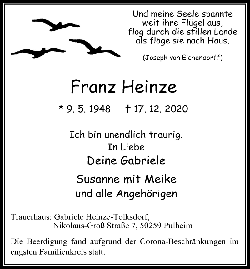  Traueranzeige für Franz Heinze vom 02.01.2021 aus Kölner Stadt-Anzeiger / Kölnische Rundschau / Express