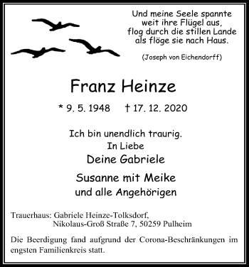 Anzeige von Franz Heinze von Kölner Stadt-Anzeiger / Kölnische Rundschau / Express