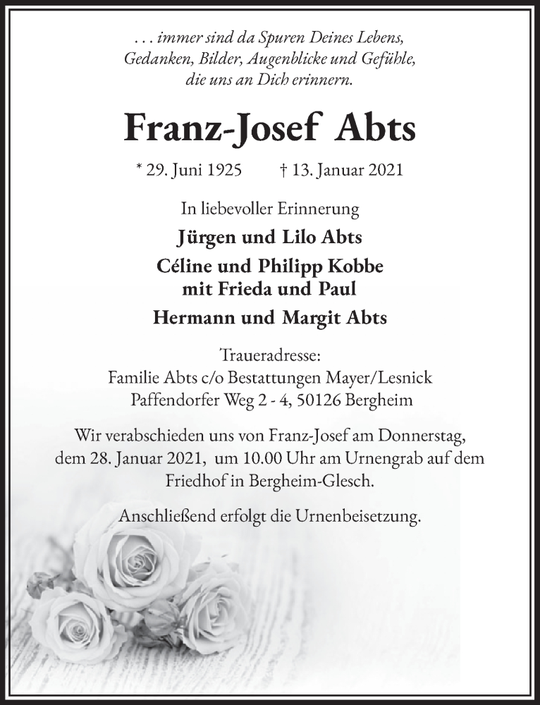  Traueranzeige für Franz-Josef Abts vom 22.01.2021 aus  Werbepost 