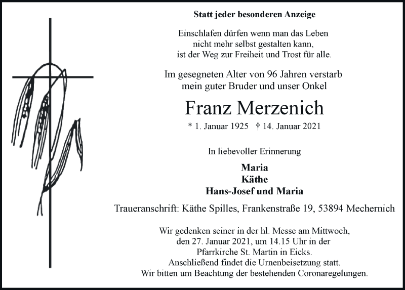  Traueranzeige für Franz Merzenich vom 23.01.2021 aus  Blickpunkt Euskirchen 