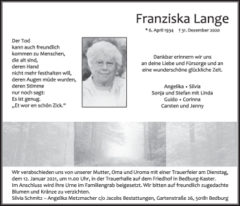 Anzeige von Franziska Lange von  Werbepost 
