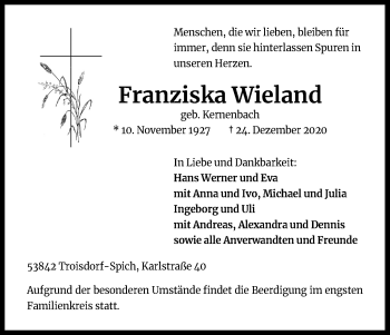 Anzeige von Franziska Wieland von Kölner Stadt-Anzeiger / Kölnische Rundschau / Express