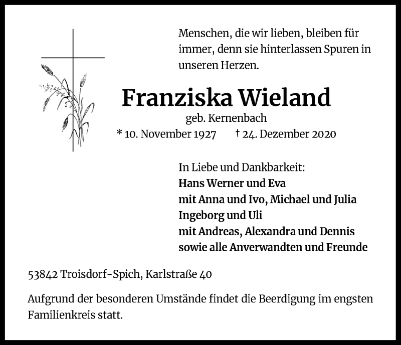  Traueranzeige für Franziska Wieland vom 06.01.2021 aus Kölner Stadt-Anzeiger / Kölnische Rundschau / Express