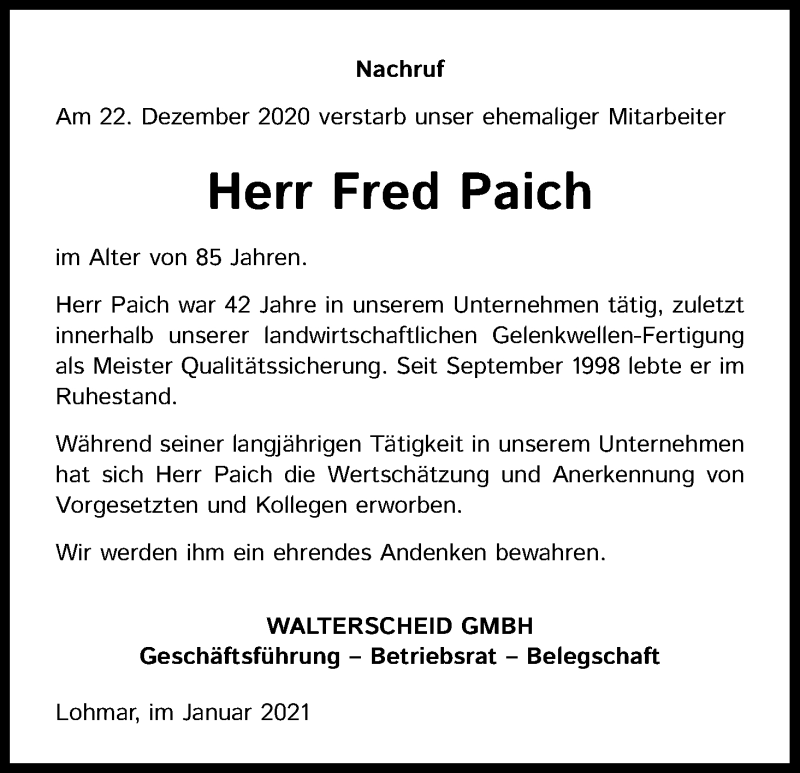  Traueranzeige für Fred Paich vom 13.01.2021 aus Kölner Stadt-Anzeiger / Kölnische Rundschau / Express