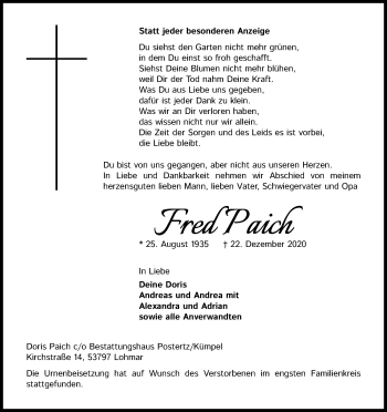Anzeige von Fred Paich von Kölner Stadt-Anzeiger / Kölnische Rundschau / Express