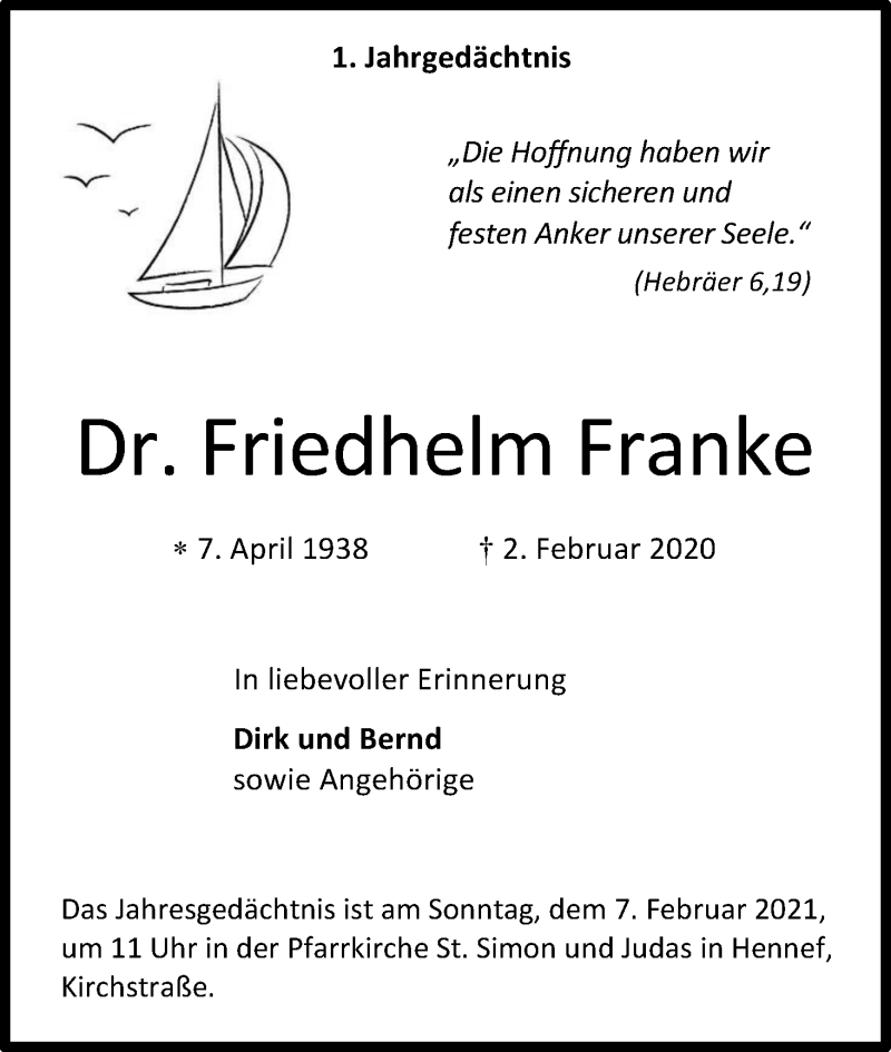 Traueranzeige für Friedhelm Franke vom 30.01.2021 aus Kölner Stadt-Anzeiger / Kölnische Rundschau / Express