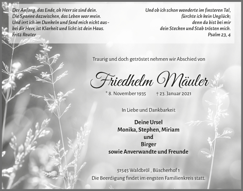  Traueranzeige für Friedhelm Mäuler vom 29.01.2021 aus  Lokalanzeiger 