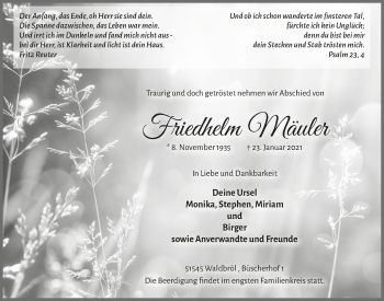 Anzeige von Friedhelm Mäuler von  Lokalanzeiger 