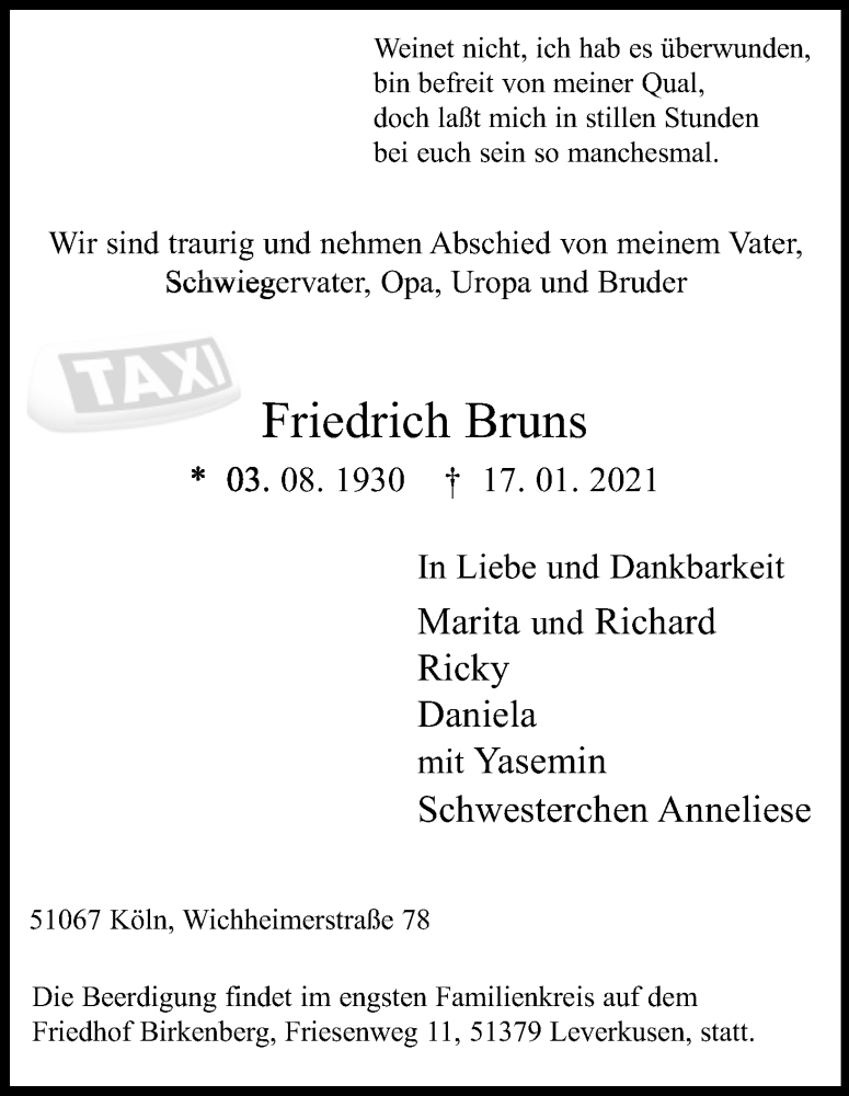  Traueranzeige für Friedrich Bruns vom 23.01.2021 aus Kölner Stadt-Anzeiger / Kölnische Rundschau / Express