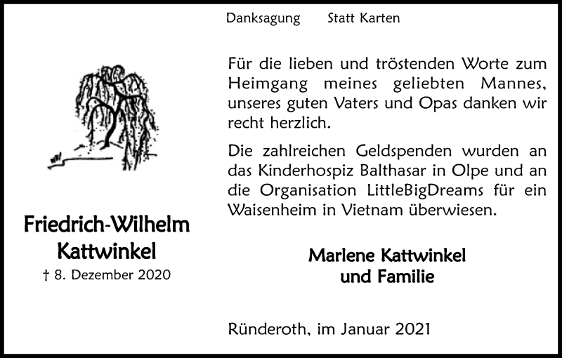  Traueranzeige für Friedrich-Wilhelm Kattwinkel vom 30.01.2021 aus Kölner Stadt-Anzeiger / Kölnische Rundschau / Express