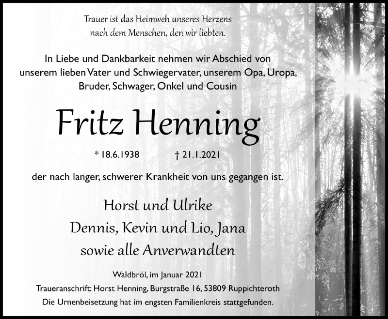  Traueranzeige für Fritz Henning vom 29.01.2021 aus  Lokalanzeiger 