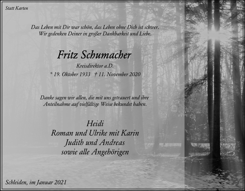  Traueranzeige für Fritz Schumacher vom 09.01.2021 aus Kölner Stadt-Anzeiger / Kölnische Rundschau / Express