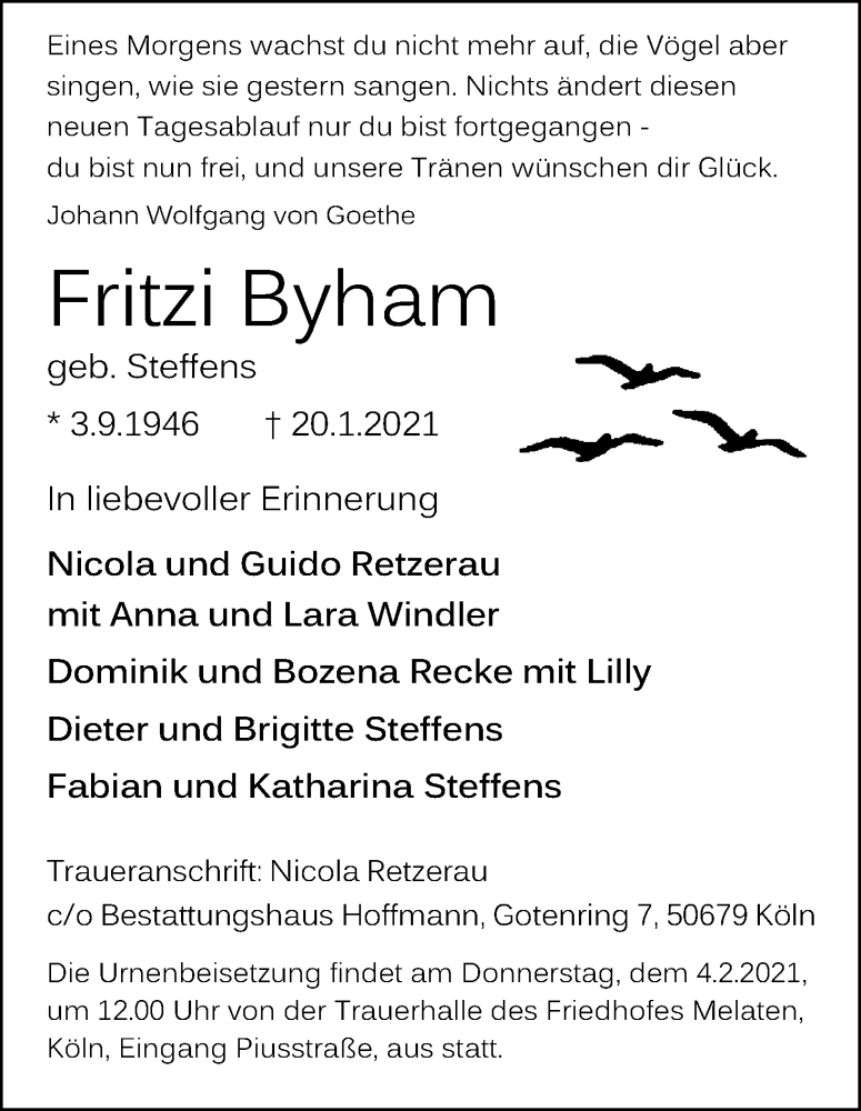  Traueranzeige für Fritzi Byham vom 30.01.2021 aus Kölner Stadt-Anzeiger / Kölnische Rundschau / Express