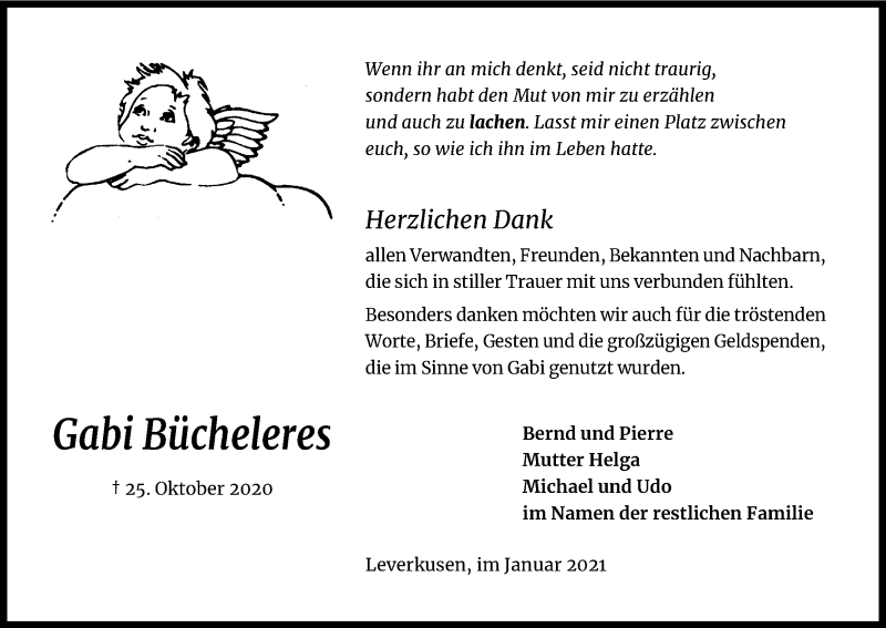  Traueranzeige für Gabi Bücheleres vom 16.01.2021 aus Kölner Stadt-Anzeiger / Kölnische Rundschau / Express