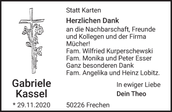 Anzeige von Gabriele Kassel von  Wochenende 