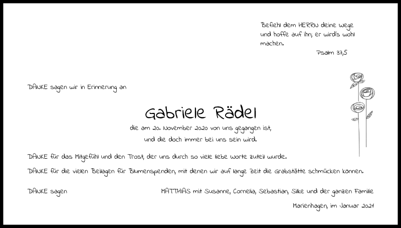  Traueranzeige für Gabriele Rädel vom 23.01.2021 aus Kölner Stadt-Anzeiger / Kölnische Rundschau / Express