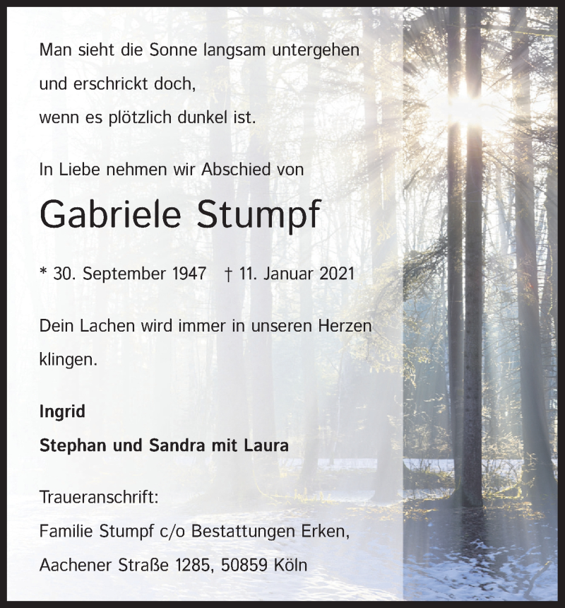  Traueranzeige für Gabriele Stumpf vom 16.01.2021 aus Kölner Stadt-Anzeiger / Kölnische Rundschau / Express