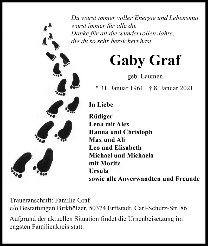  Traueranzeige für Gaby Graf vom 14.01.2021 aus Kölner Stadt-Anzeiger / Kölnische Rundschau / Express