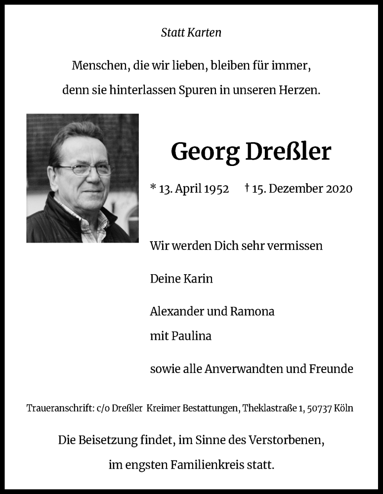  Traueranzeige für Georg Dreßler vom 09.01.2021 aus Kölner Stadt-Anzeiger / Kölnische Rundschau / Express
