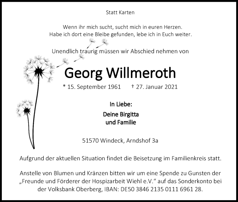  Traueranzeige für Georg Willmeroth vom 30.01.2021 aus Kölner Stadt-Anzeiger / Kölnische Rundschau / Express