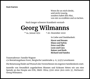 Anzeige von Georg Wilmanns von Kölner Stadt-Anzeiger / Kölnische Rundschau / Express