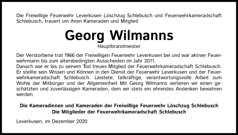  Traueranzeige für Georg Wilmanns vom 02.01.2021 aus Kölner Stadt-Anzeiger / Kölnische Rundschau / Express