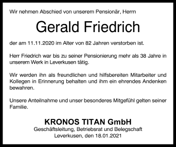Anzeige von Gerald Friedrich von Kölner Stadt-Anzeiger / Kölnische Rundschau / Express