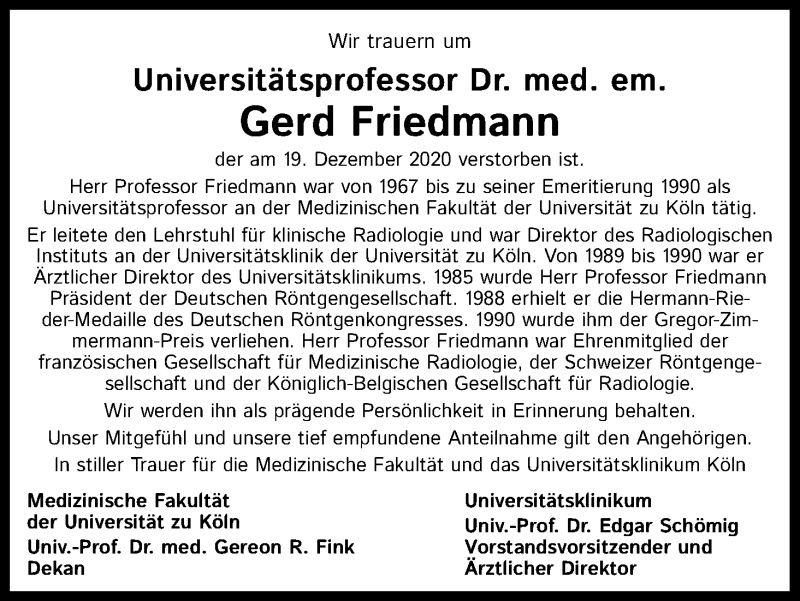 Traueranzeige für Gerd Friedmann vom 16.01.2021 aus Kölner Stadt-Anzeiger / Kölnische Rundschau / Express