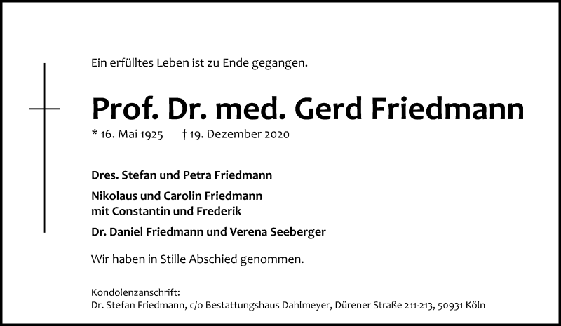  Traueranzeige für Gerd Friedmann vom 09.01.2021 aus Kölner Stadt-Anzeiger / Kölnische Rundschau / Express