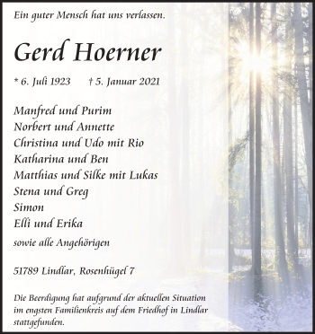 Anzeige von Gerd Hoerner von Kölner Stadt-Anzeiger / Kölnische Rundschau / Express