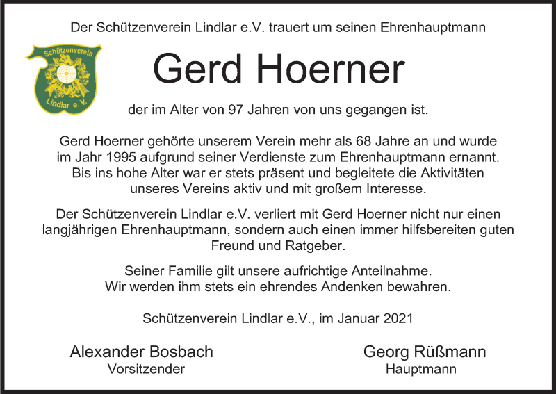  Traueranzeige für Gerd Hoerner vom 16.01.2021 aus Kölner Stadt-Anzeiger / Kölnische Rundschau / Express