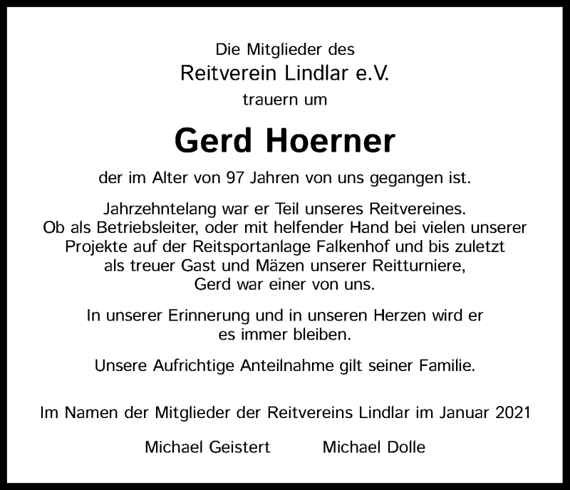  Traueranzeige für Gerd Hoerner vom 23.01.2021 aus Kölner Stadt-Anzeiger / Kölnische Rundschau / Express