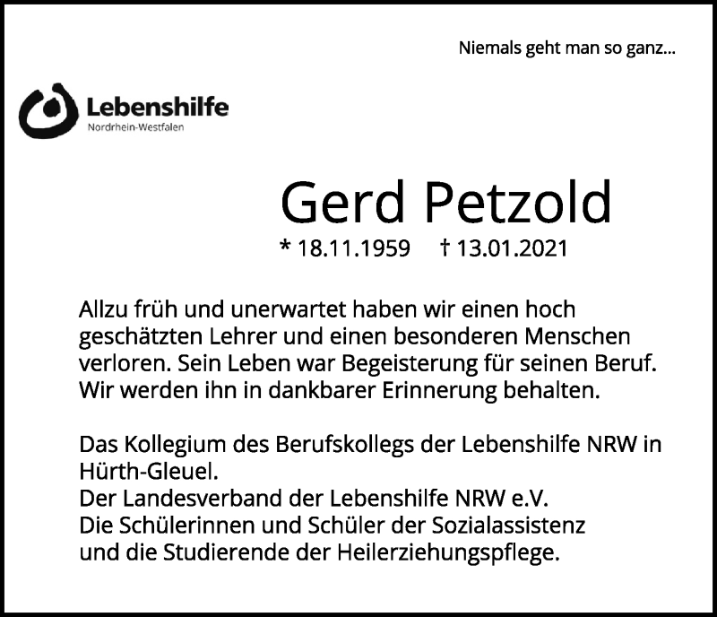  Traueranzeige für Gerd Petzold vom 23.01.2021 aus Kölner Stadt-Anzeiger / Kölnische Rundschau / Express