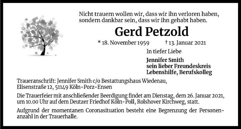  Traueranzeige für Gerd Petzold vom 25.01.2021 aus Kölner Stadt-Anzeiger / Kölnische Rundschau / Express