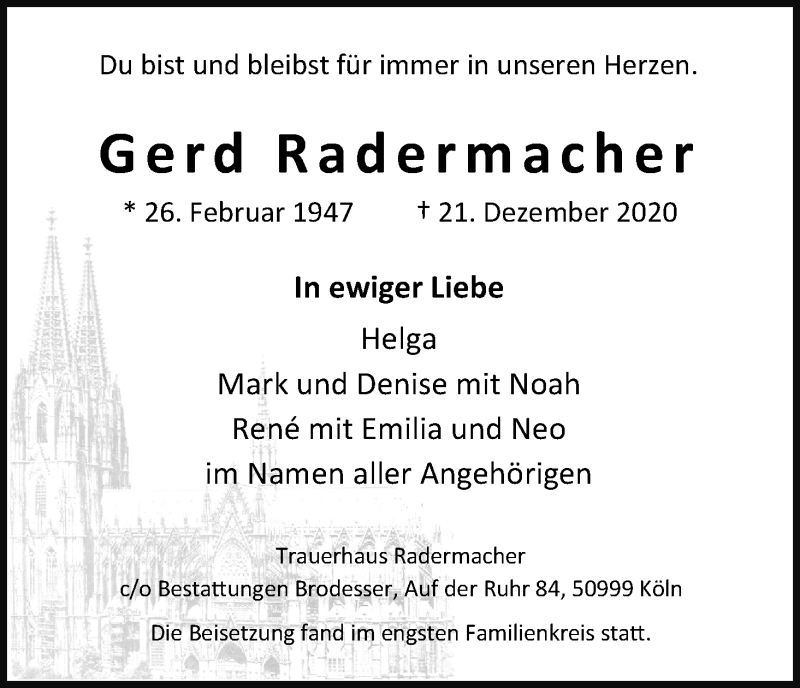  Traueranzeige für Gerd Radermacher vom 06.01.2021 aus Kölner Stadt-Anzeiger / Kölnische Rundschau / Express