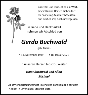 Anzeige von Gerda Buchwald von Kölner Stadt-Anzeiger / Kölnische Rundschau / Express