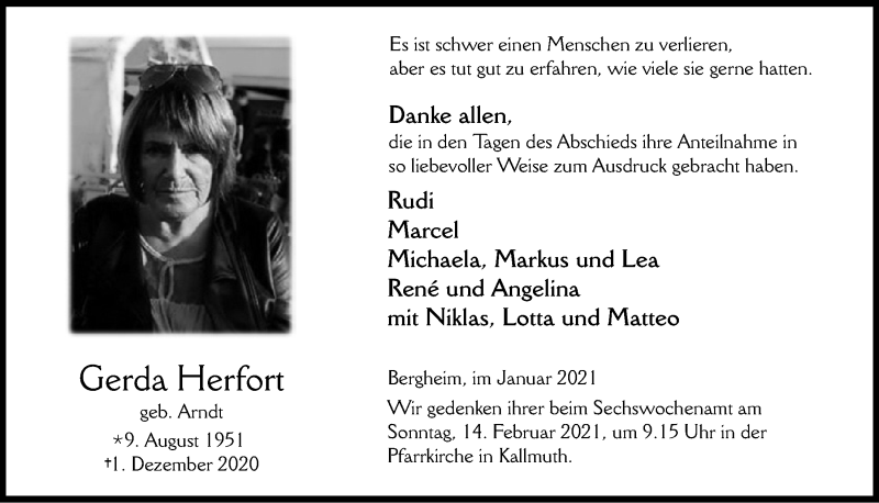  Traueranzeige für Gerda Herfort vom 30.01.2021 aus  Blickpunkt Euskirchen 