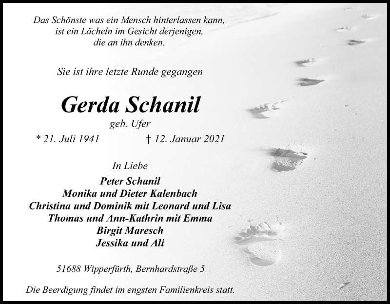  Traueranzeige für Gerda Schanil vom 16.01.2021 aus Kölner Stadt-Anzeiger / Kölnische Rundschau / Express