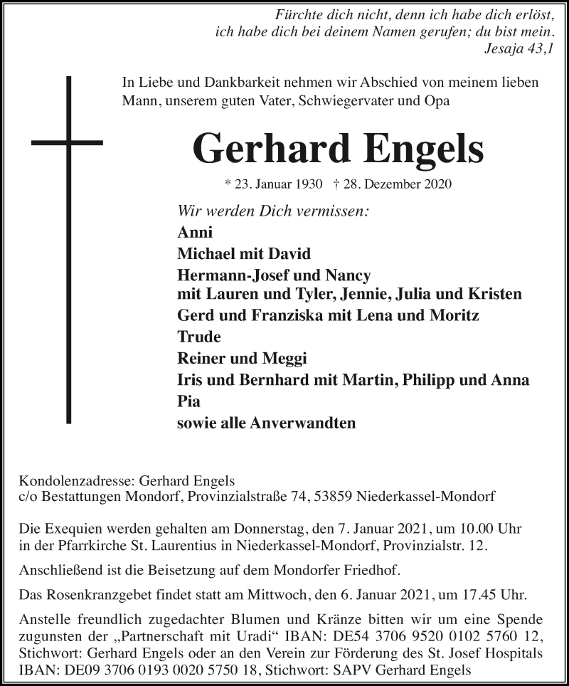  Traueranzeige für Gerhard Engels vom 02.01.2021 aus Kölner Stadt-Anzeiger / Kölnische Rundschau / Express