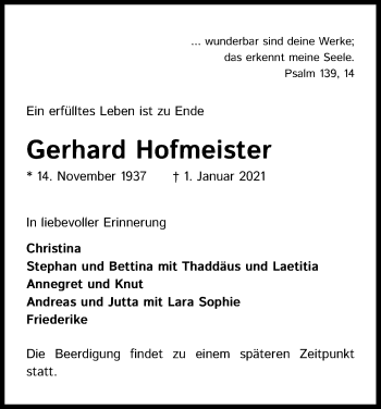 Anzeige von Gerhard Hofmeister von Kölner Stadt-Anzeiger / Kölnische Rundschau / Express