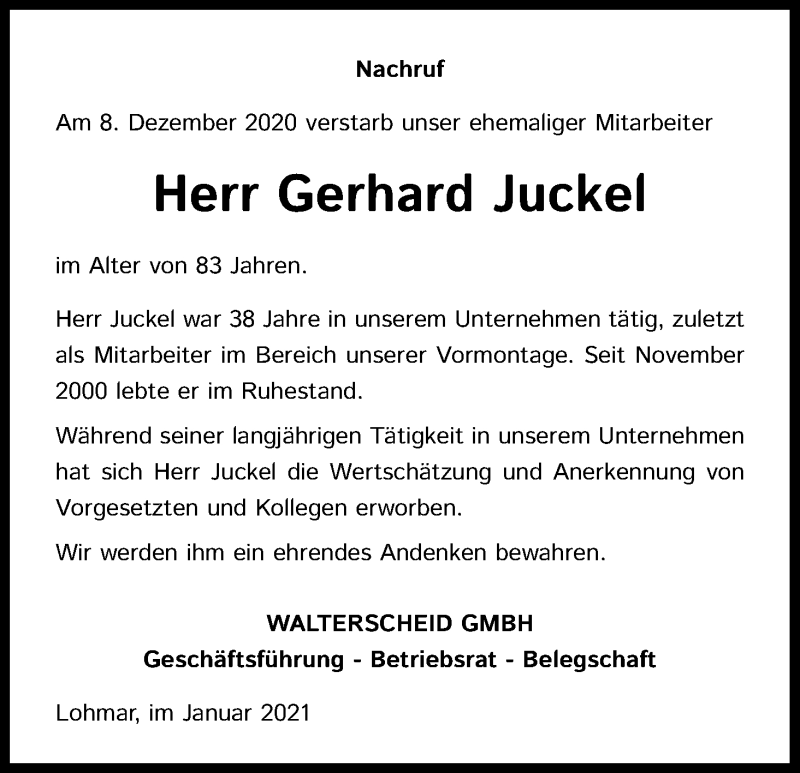  Traueranzeige für Gerhard Juckel vom 22.01.2021 aus Kölner Stadt-Anzeiger / Kölnische Rundschau / Express