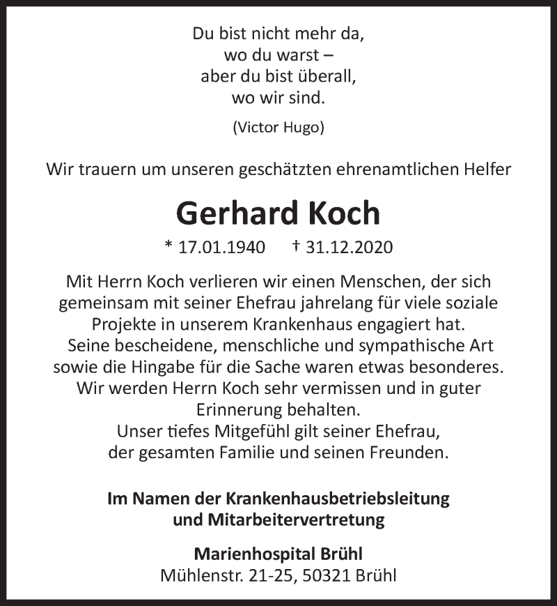  Traueranzeige für Gerhard Koch vom 15.01.2021 aus  Schlossbote/Werbekurier 