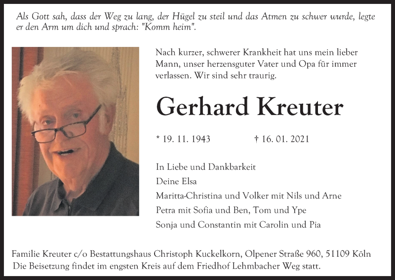  Traueranzeige für Gerhard Kreuter vom 23.01.2021 aus Kölner Stadt-Anzeiger / Kölnische Rundschau / Express